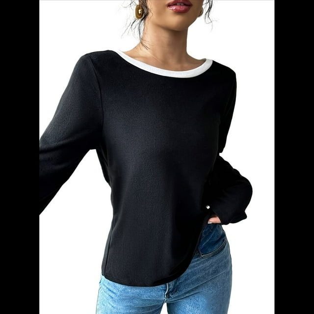 Camiseta de Mujer con Espalda Descubierta, Larga, Cuello Redondo y Bloques de Color, Ideal para Salir en Otoño Negro S