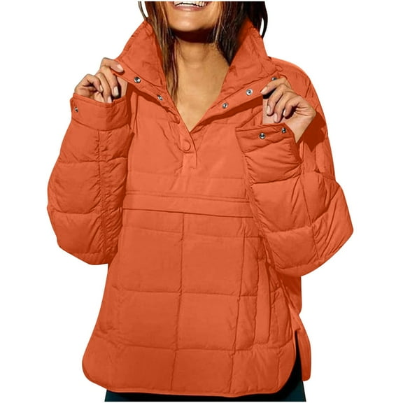 XUNKUSGA Pullover Puffer Jacket Lightweight Down Coats for Women Stand Up Collar Long Sleeve Button Quilted Casual Outerwear Warm Winter Coat with Pockets S-2XL Orange