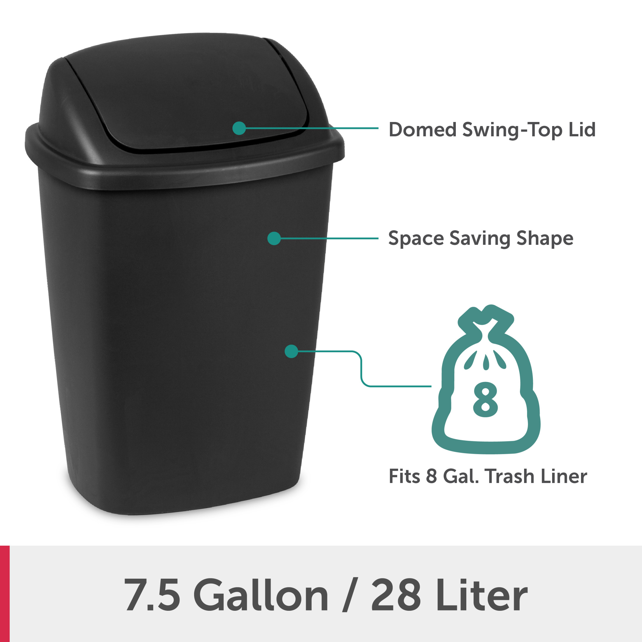 Sterilite Kitchen Trash Can, 7.5 Gallon, Swing Top Lid, Black photo 7