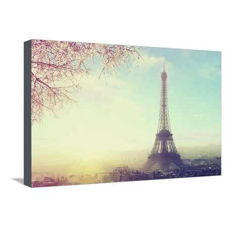 Aerial View of Paris Cityscape with Eiffel Tower at Sunset Vintage Colored Picture. Business, Love Stretched Canvas Print Wall Art By Sergei Aleshin