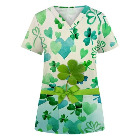 

MELDVDIB Women s Loose Scrub Top St.Patrick s Day Short Sleeve V-Neck Casual Blouse Ladies Workwear T-Shirt with 2 Pocket