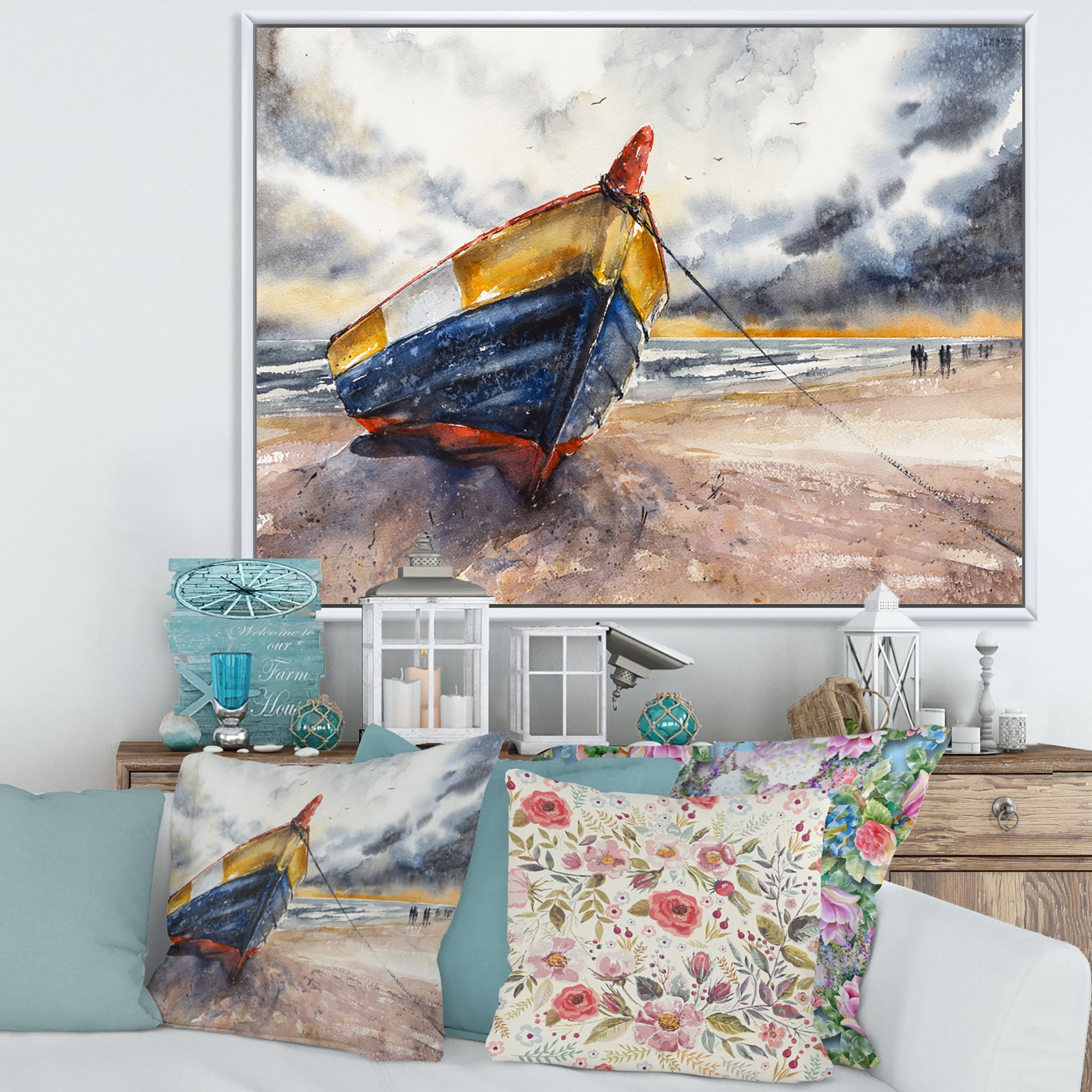 Designart 'Wooden Boat On The Baltic Shores At Evening Glow' Nautical & Coastal Framed Canvas Wall Art Print