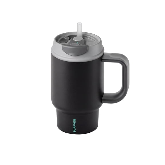 SURFVEN 24oz Double Wall Stainless Steel Insulated Tumbler with Handle and 2-in-1 Straw Lid, Black