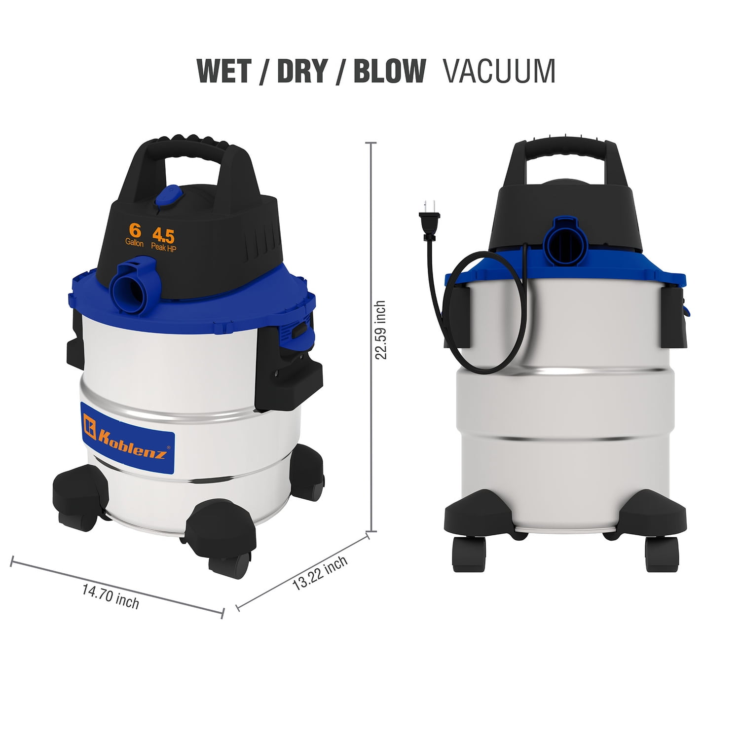 KOBLENZ Stainless Steel Wet Dry Shop Vacuum 6 Gallon, 4.5 Peak HP, 3 in 1 shop vac with Blower Feature and 5 Year Warranty (WD 6 L212 SS)