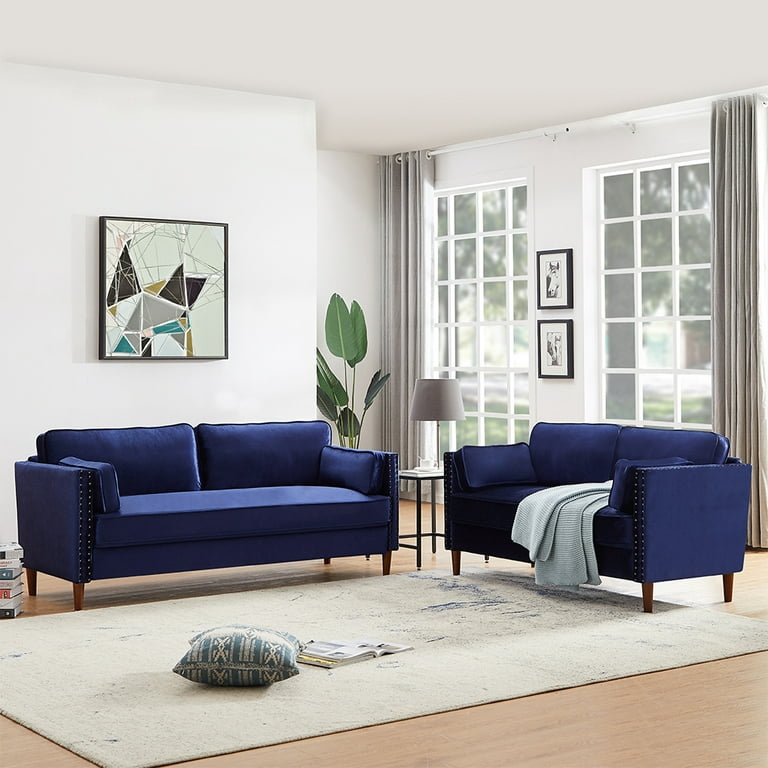 Urhomepro Mid Century Sectional Sofa Couch, Modern Upholstered Couch With  Rubber Wood Legs, High End Velvet Modern Couches And Sofas With Wood Frame,  Sofa For Living Room, Set Of 2, Blue, Q10883 -