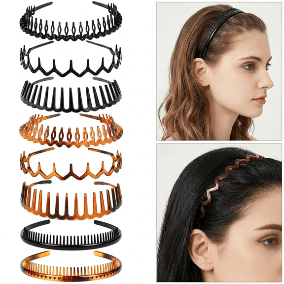 ROSEXIXI 8 PCS Plastic Headbands with Teeth, Non Slip Zig Zag Headbands for Women Men Teen Girls, Matte Black,Plastic Shark Tooth Comb Hair Accessory For Men Women Washing Face Sports Daily Grooming