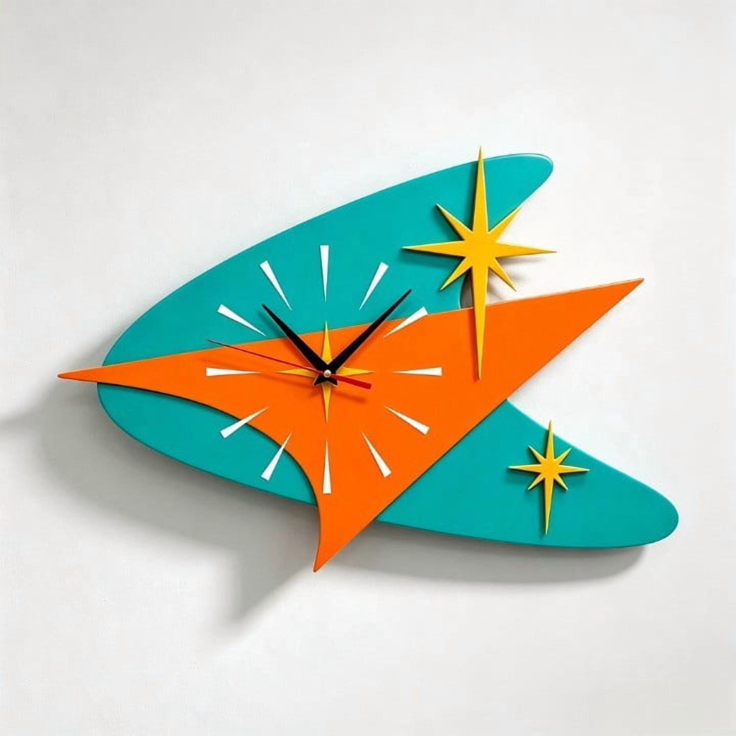 Mid Century Modern Wall Clock|Retro Boomerang Atomic Design, Vintage 1950s Style Wooden Art Clock, Decorative Accent for Living Room Home Decor, Teal and Orange
