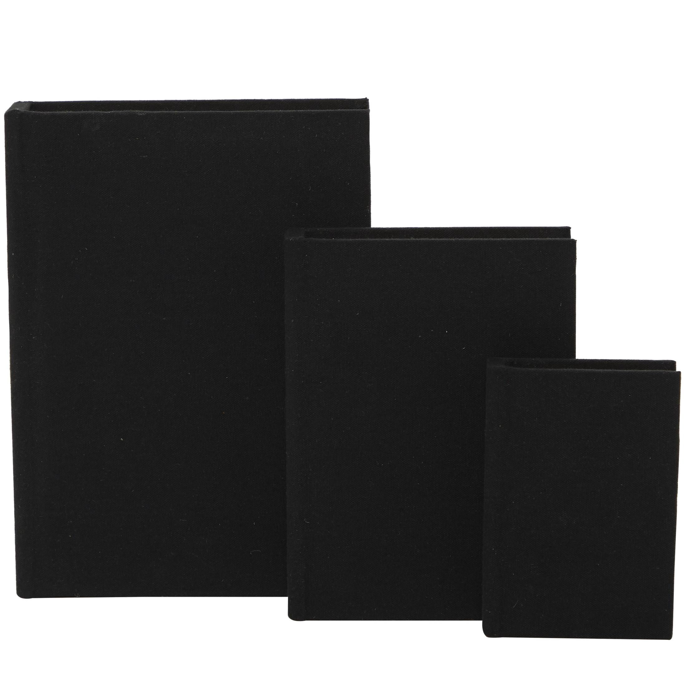 DecMode Textured Faux Book Storage Black Linen Fabric Decorative Box with Gold Page Detailing, 3 Count