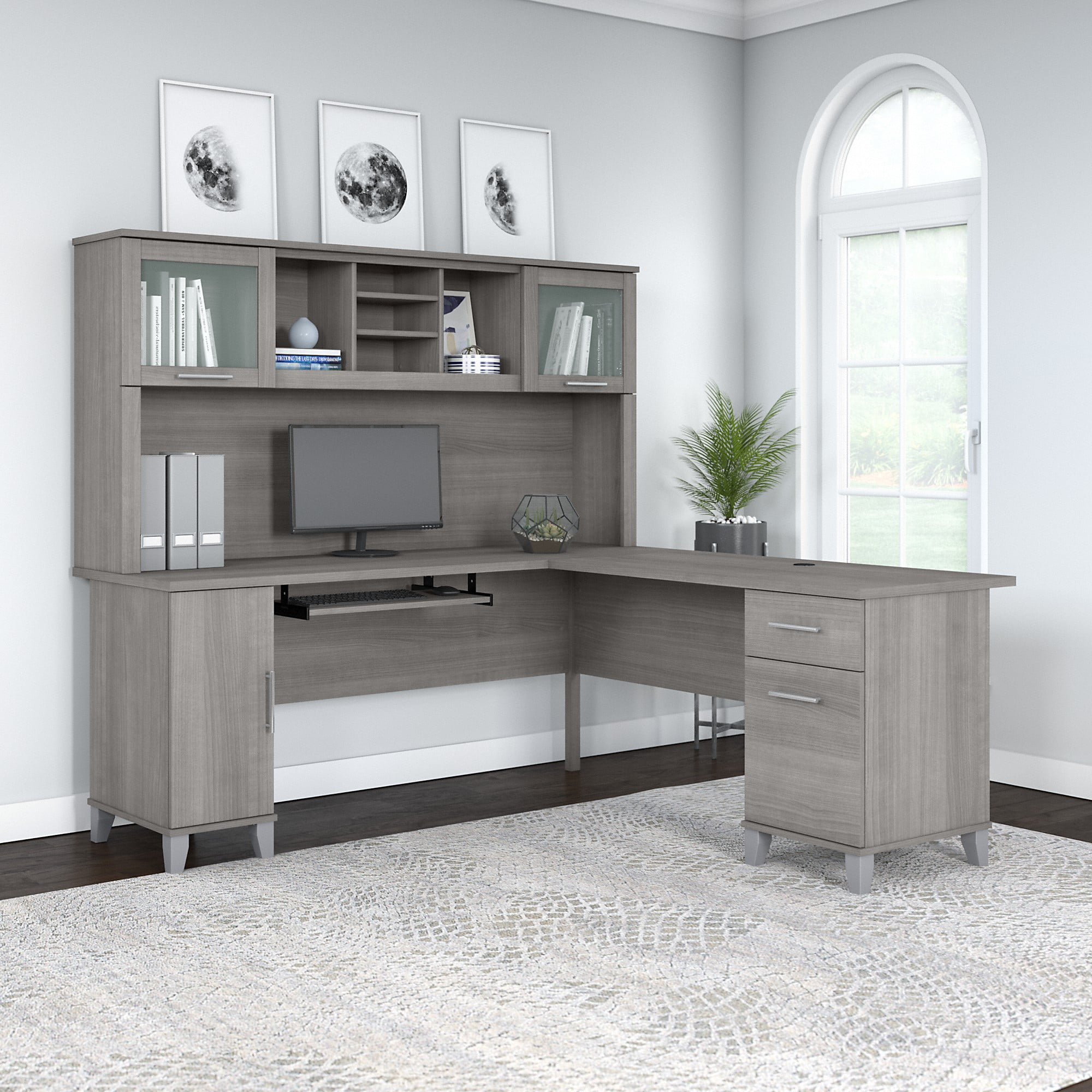 Bush Furniture Somerset 72" L Desk and Hutch with Storage, Platinum Gray