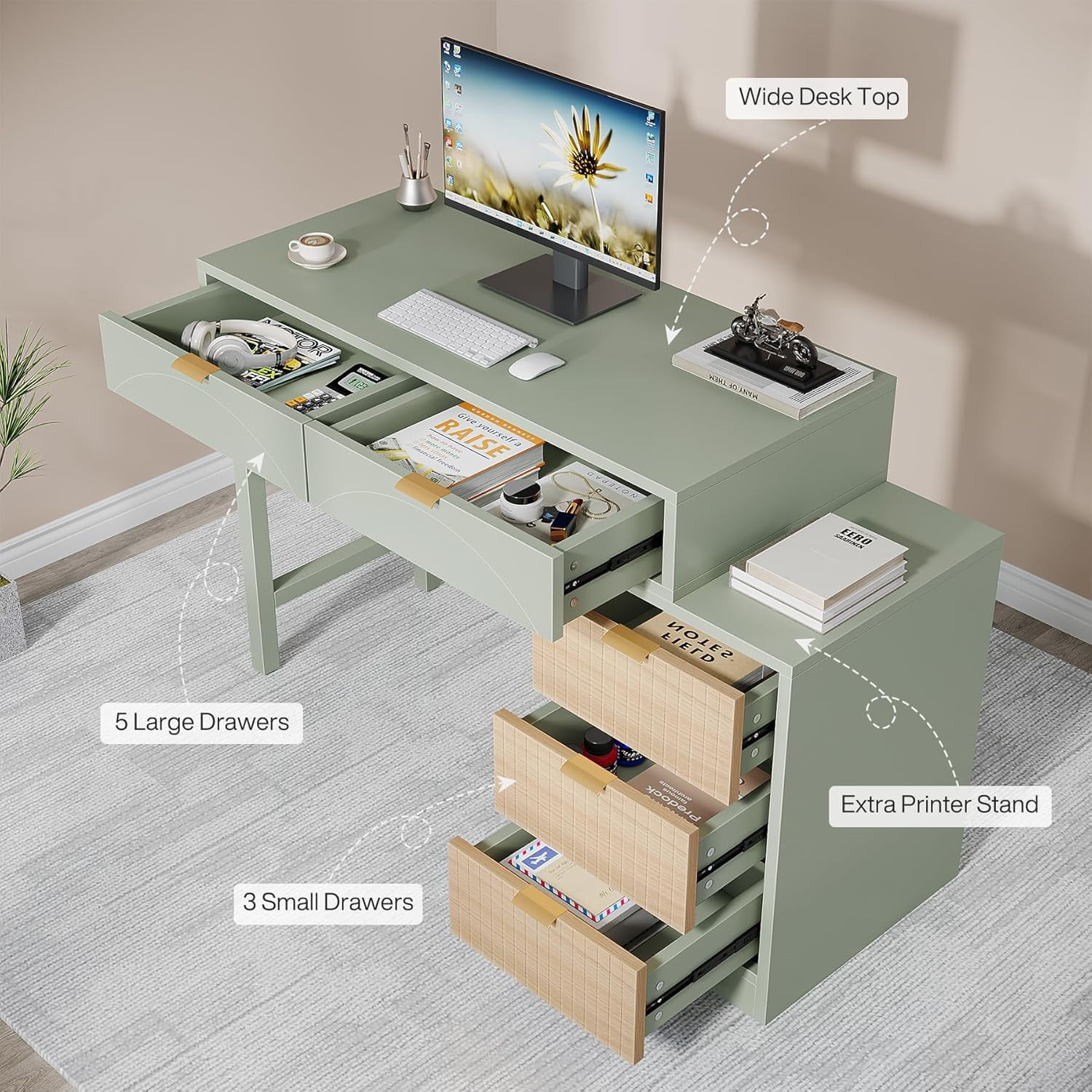 Finmind 39" Computer Desk, Reversible Wood Study Table Office Workstation for Home Office, Green