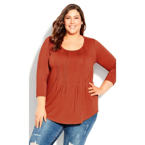 Avenue Women's Plus Size Milly Pleat Plain 3/4 Sleeves Scoop Neckline Top - Copper
