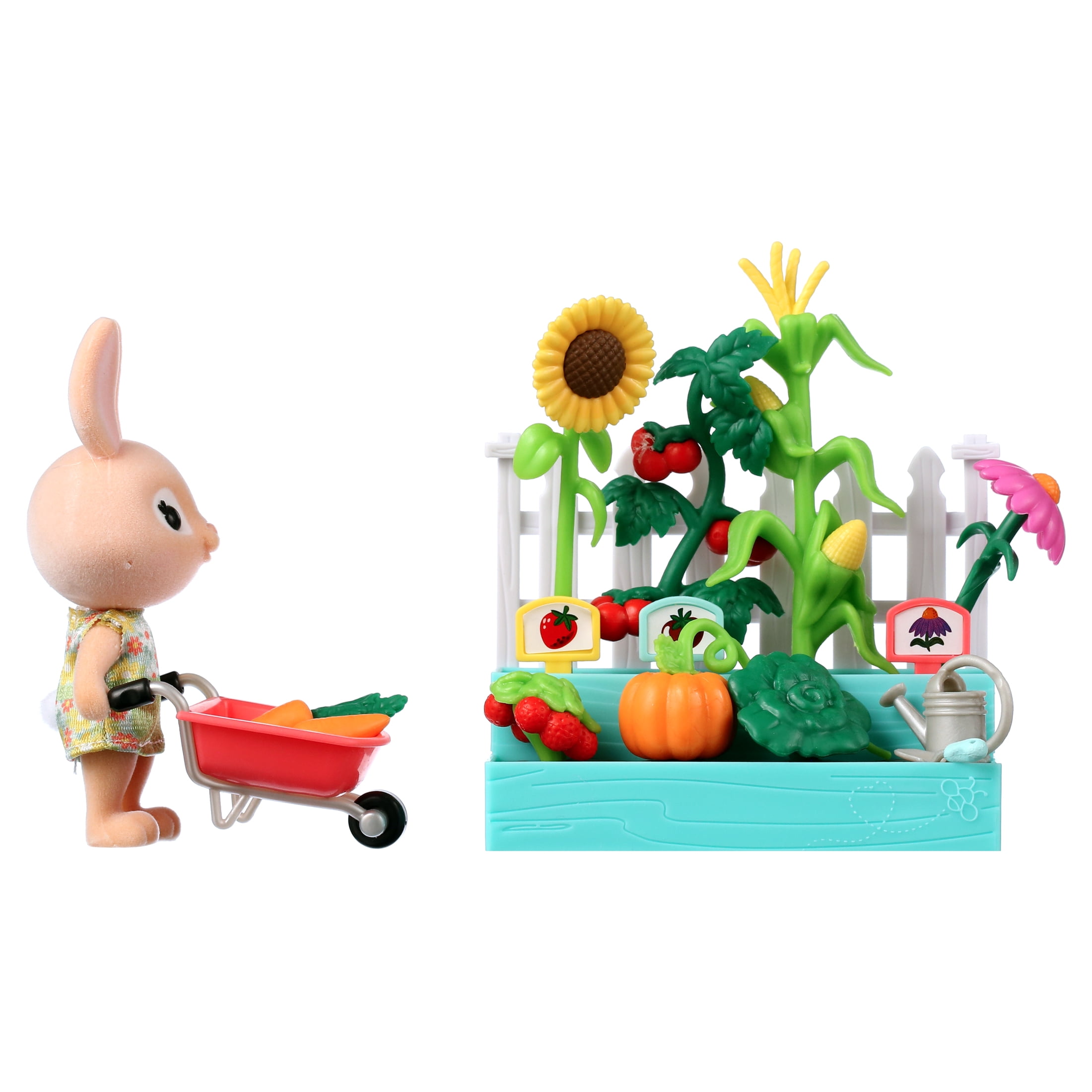 Honey Bee Acres Time to Garden Playset – 16 Piece Miniature Dollhouse Set with Bunny Figure, Wheelbarrow, Vegetables & More&nbsp; – Dolls for Kids Ages 3+