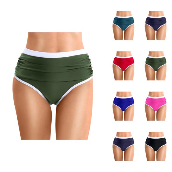 High Waisted Bikini Bottoms for Women Color Block Tummy Control Ruched Full Coverage Swim Bottom