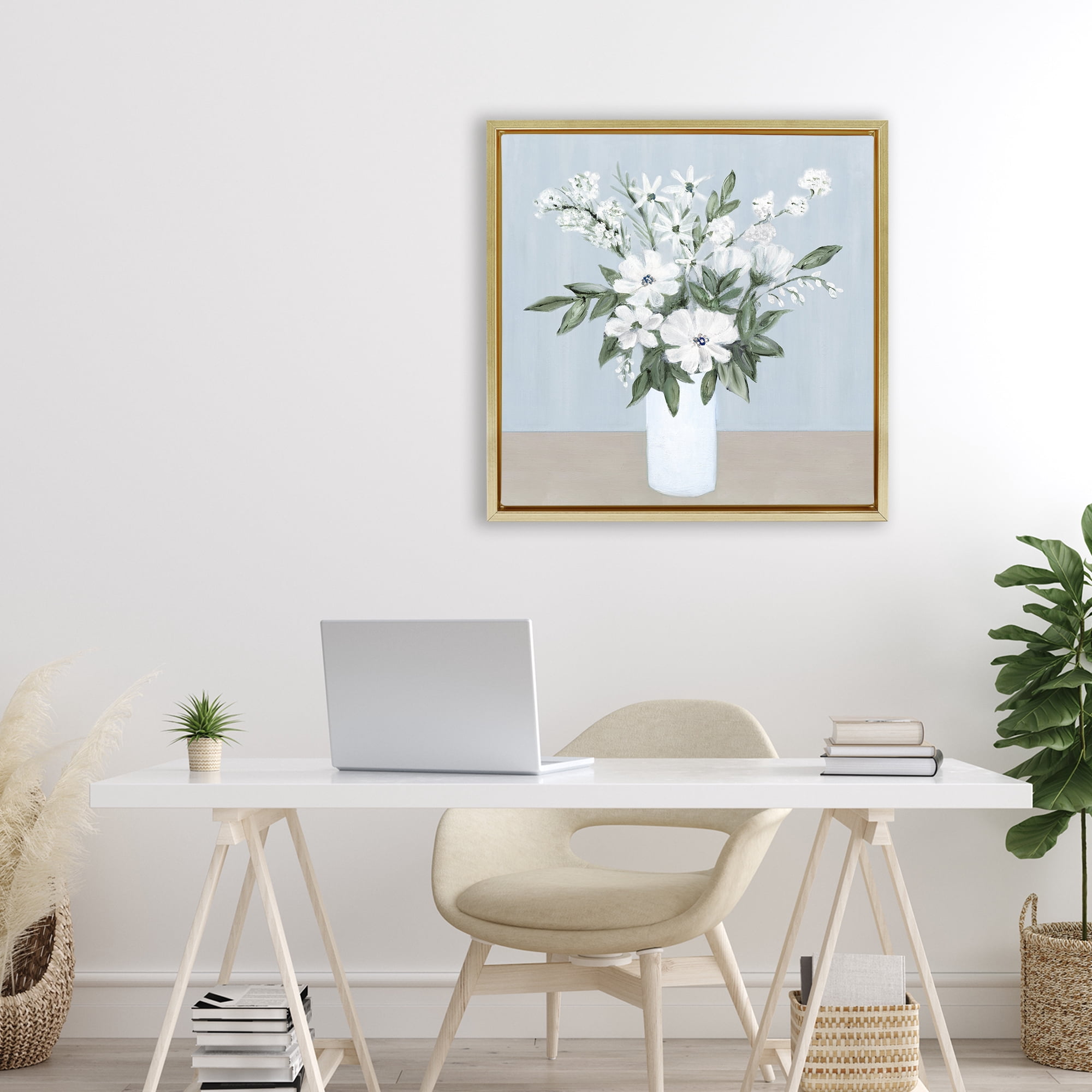Stupell Industries Mixed White Blooms on Blue Gold Framed Floater Canvas Wall Art, design by Marilyn Dunlap