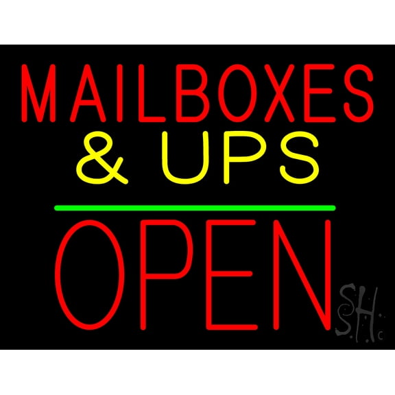 Mail Boxes & UPS Open Block Green Line LED Neon Sign 15 x 19 - inches, Black Square Cut Acrylic Backing, with Dimmer - Bright and Premium built indoor LED Neon Sign for Store interior and stroefront