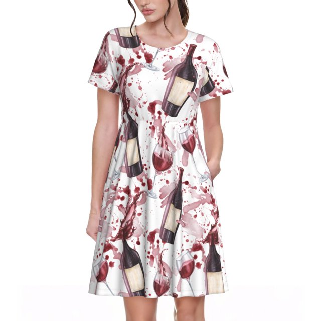 Disketp Watercolor Wine para Vestido de Manga Corta para Mujeres, Vestidos de Verano para Mujeres, Casual y Holgado para la Playa