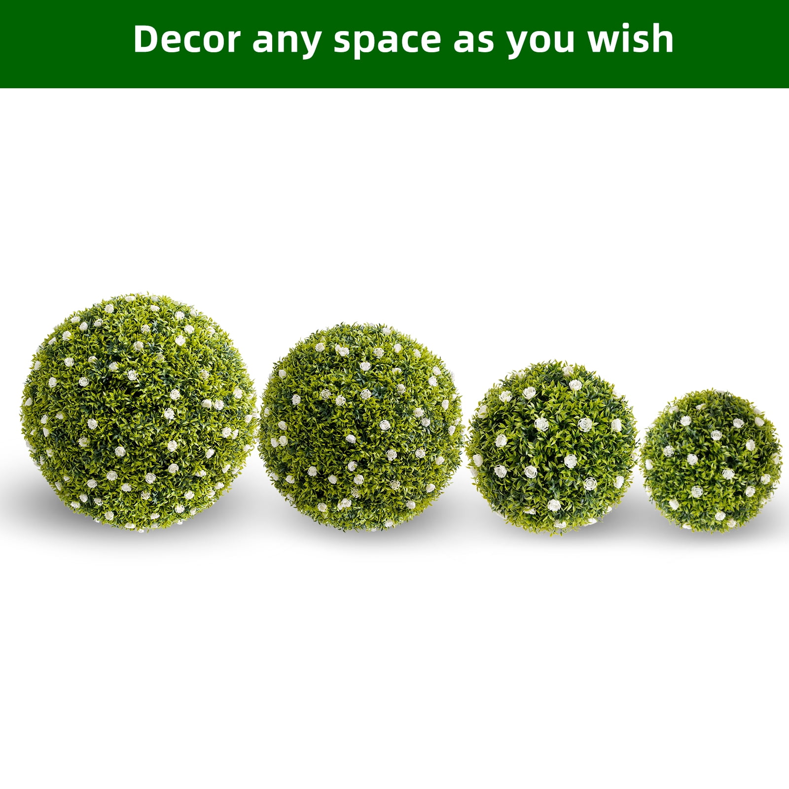 Tzou 2Pcs Artificial Boxwood Topiary Ball with Flowers, 16.5" Faux Hanging Greenery Ball for Outdoor Planters, Porch, Balcony, Home Decor