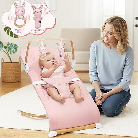 3 in 1 Baby Bouncer (Sit, Play & Relax),3 Recline Positions,Foldable Baby Rocker Chair W/ Removable Wooden Bar for 0-12 Months Infant & Toddler,Pink