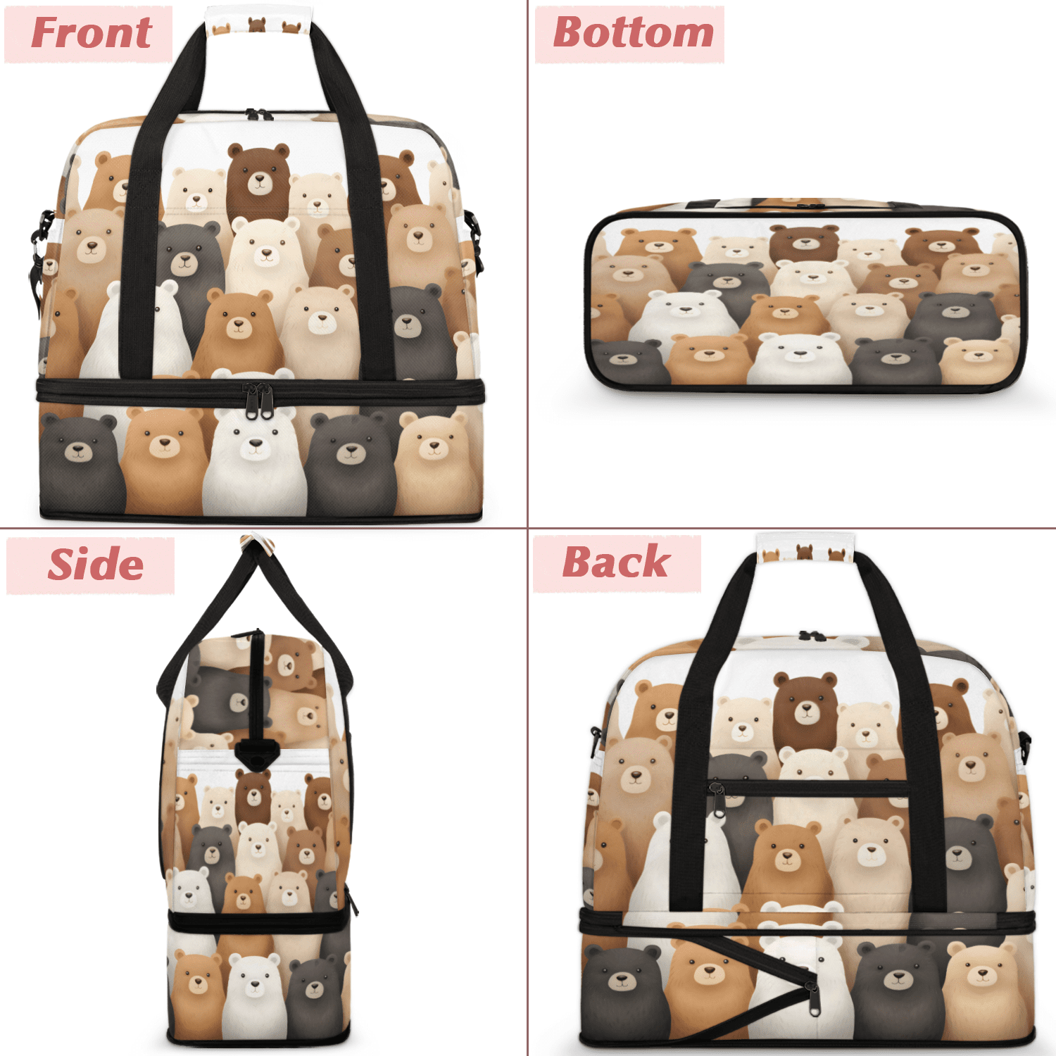 Herdesigns Bear Cute Foldable Travel Duffel Bag with Shoe Compartment, Weekend Overnight Carry On Bags for Men Women, Large Sports Gym Luggage