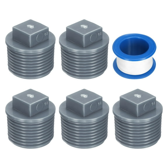 5Pack 3/4 Inch PT Male Thread Pipe Fitting Plug, Cleanout Plugs, Water Drain End Caps Coupling Adapter with Tape for Water Heater Supply Lines, Plumbing, Gray