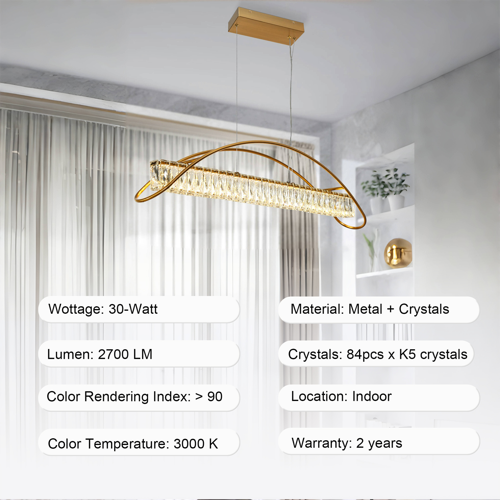 LNC Cardoon 1-Lights 39.4" Luxury and Glam Linear Crystal Integrated LED Kitchen Island Lights, Gold
