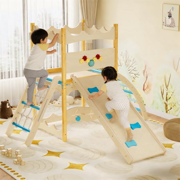 Indoor Jungle Gym,6-in-1 Wooden Kids Climbing Toys with Slide,Climbing Rock,Climbing Net,Ladder,Rest Area & Circle Labyrinth – Montessori Indoor Playground Climber Set for Toddlers and Kids