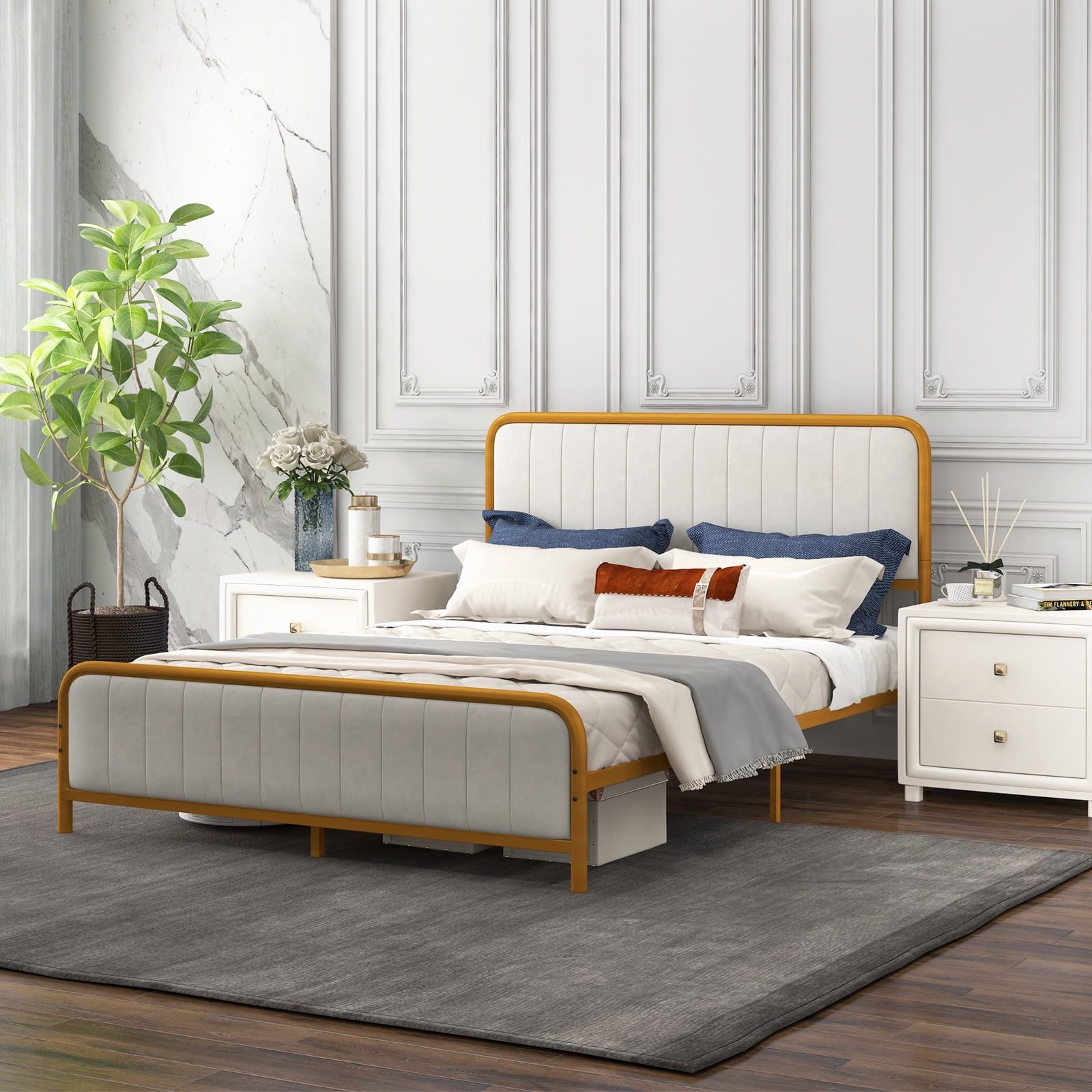 Infans Queen Gold Metal Bed Frame Upholstered Platform Bed with Velvet Headboard