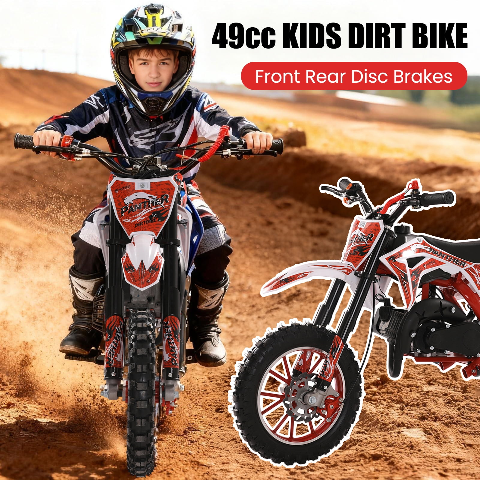 Fompes 2-Stroke Kids Dirt Bike 49cc Gas Power Motocross Off Road Mini Motorcycle Pocket Motorbike with Front Rear Disc Brakes Shock Absorption Springs Ideal Birthday for Boy Girl