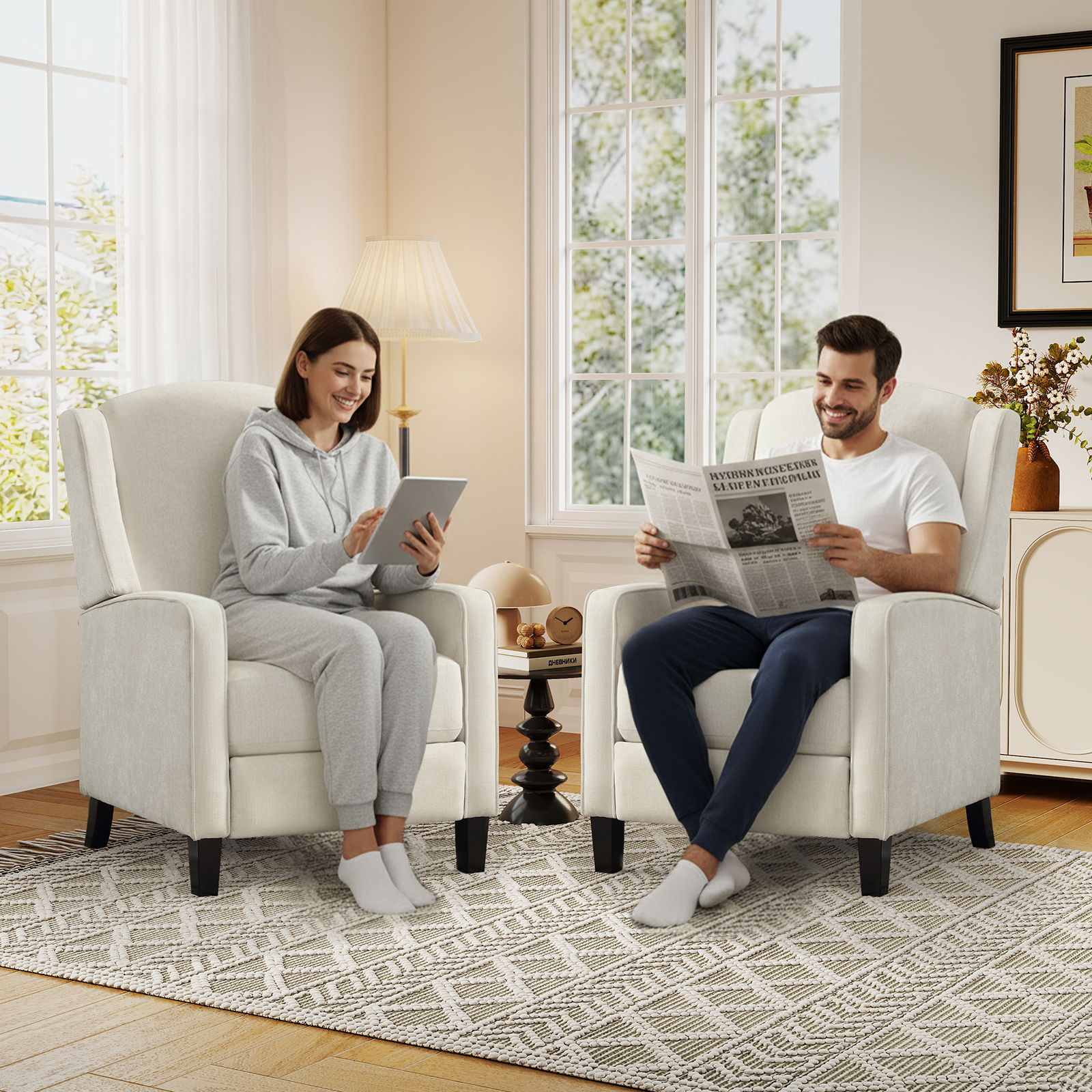 Bonzy Home 2-Pack Manual Push Back Recliner Chairs, Fabric Wingback Reclining Chairs with Padded Seat, Modern Recliners for Living Room Bedroom, White