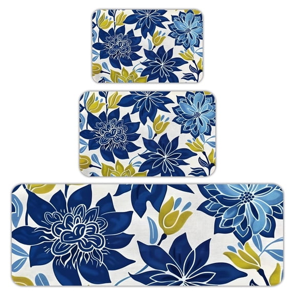 RKSupls Kitchen Rug Set 3 Piece Anti-Slip Flannel Floor Mats, Navy Yellow Floral Washable Absorbent Runner Mats for Kitchen Bathroom Home Decor