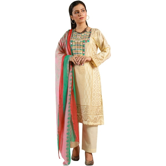 Pakistani Lawn Salwar Kameez Indian Dresses for Women Ready to Wear Embroidered(3X-Large, Cream)