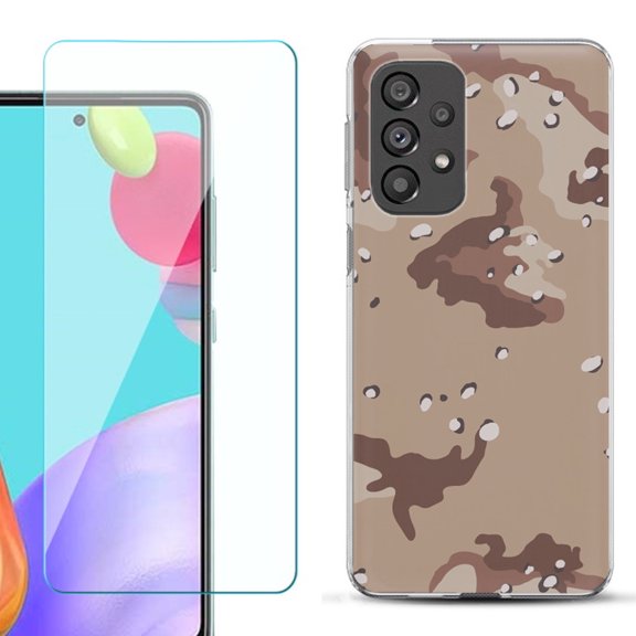 Slim-Fit Gel TPU Phone Case for Samsung Galaxy A33 5G, with Tempered Glass Screen Protector, by OneToughShield ® - Desert Camo