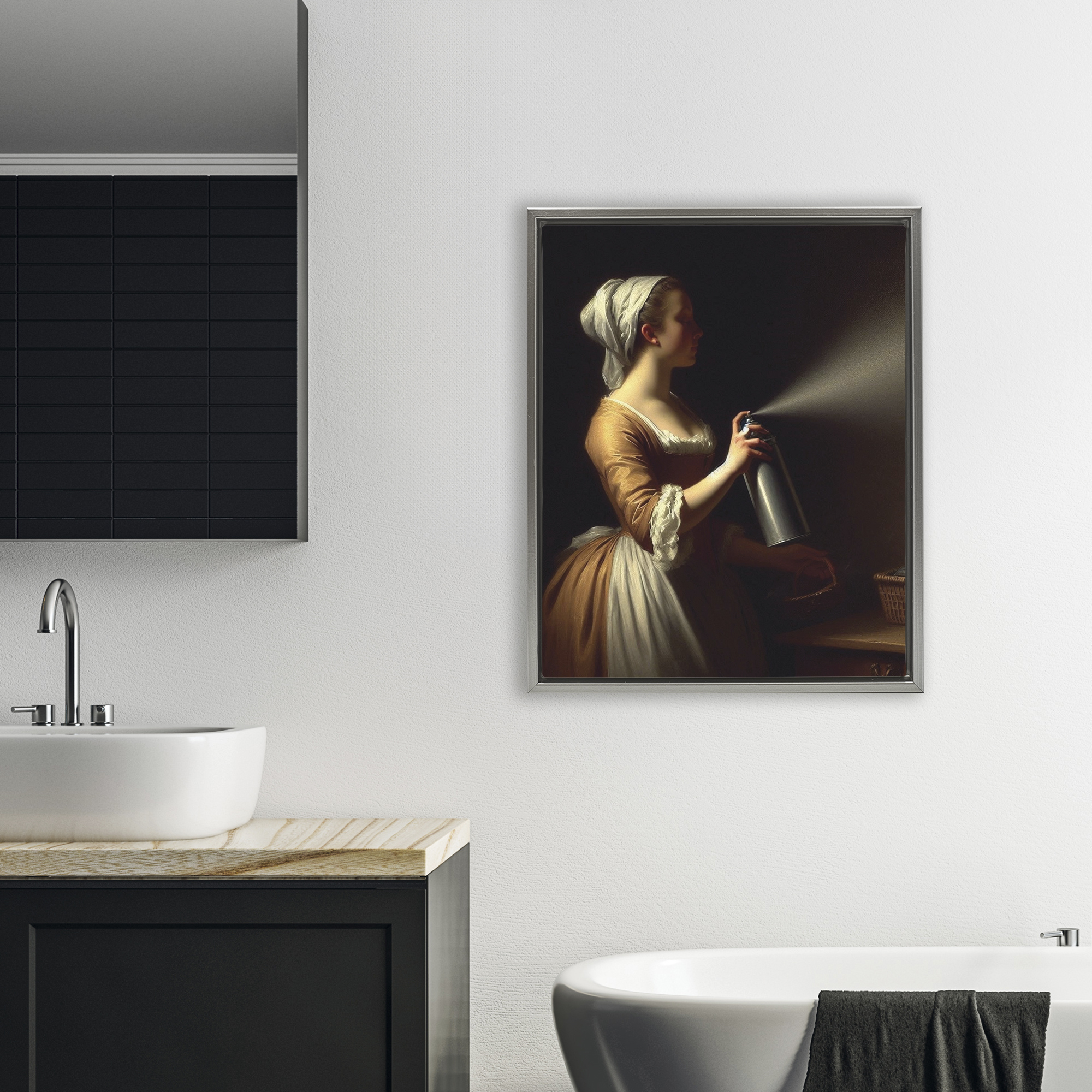 Funny Vintage Lady & Spray Paint Gray Framed Floater Canvas Wall Art, design by Lettered and Lined