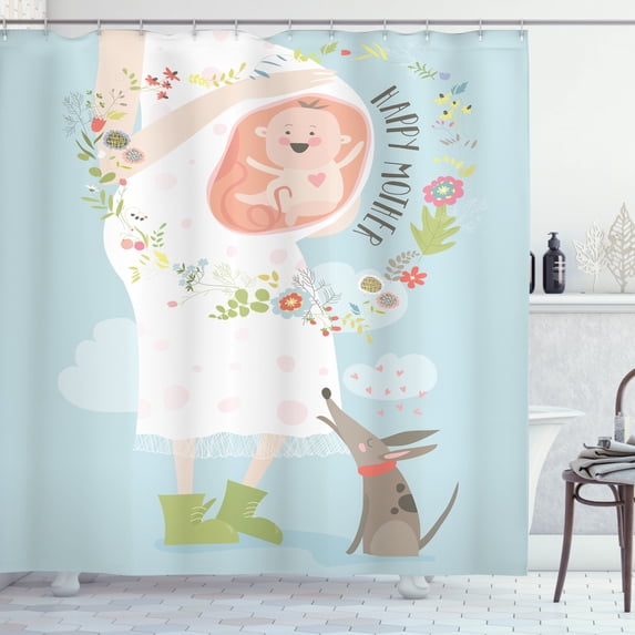 Baby Shower Shower Curtain, Happy Mother Quote with Pregnant Woman and Heart Shaped Flowers Pattern Cartoon, Fabric Bathroom Set with Hooks, 69W X 84L Inches Extra Long, Multicolor, by Ambesonne