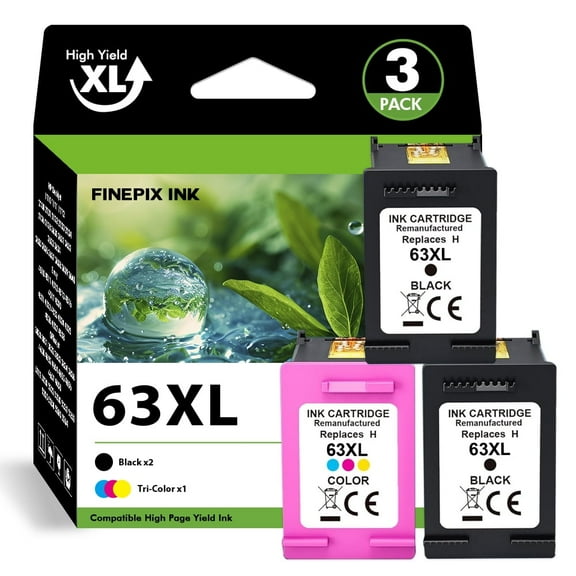 63XL Ink Cartridges Compatible for HP 63 63XL Printer Ink Combo Pack for Envy 4510 4520 OfficeJet 4650 4655 3830 5255 5258 Deskjet 3630 3632 1112 2132 2130 (3 Pack, 2 x Black, Tri-color)