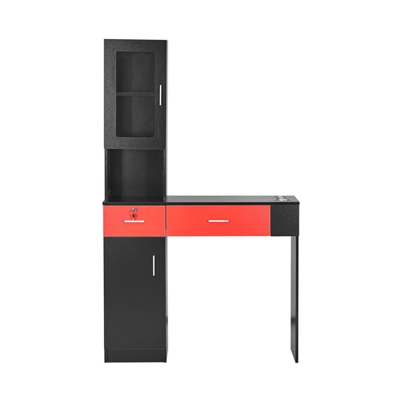 Salon Workstation Wall Mounted - Hair Styling Station with Lockable Drawer & 3 Shelves - Black & Red Barber Station for Hairdressers, Spa & Home