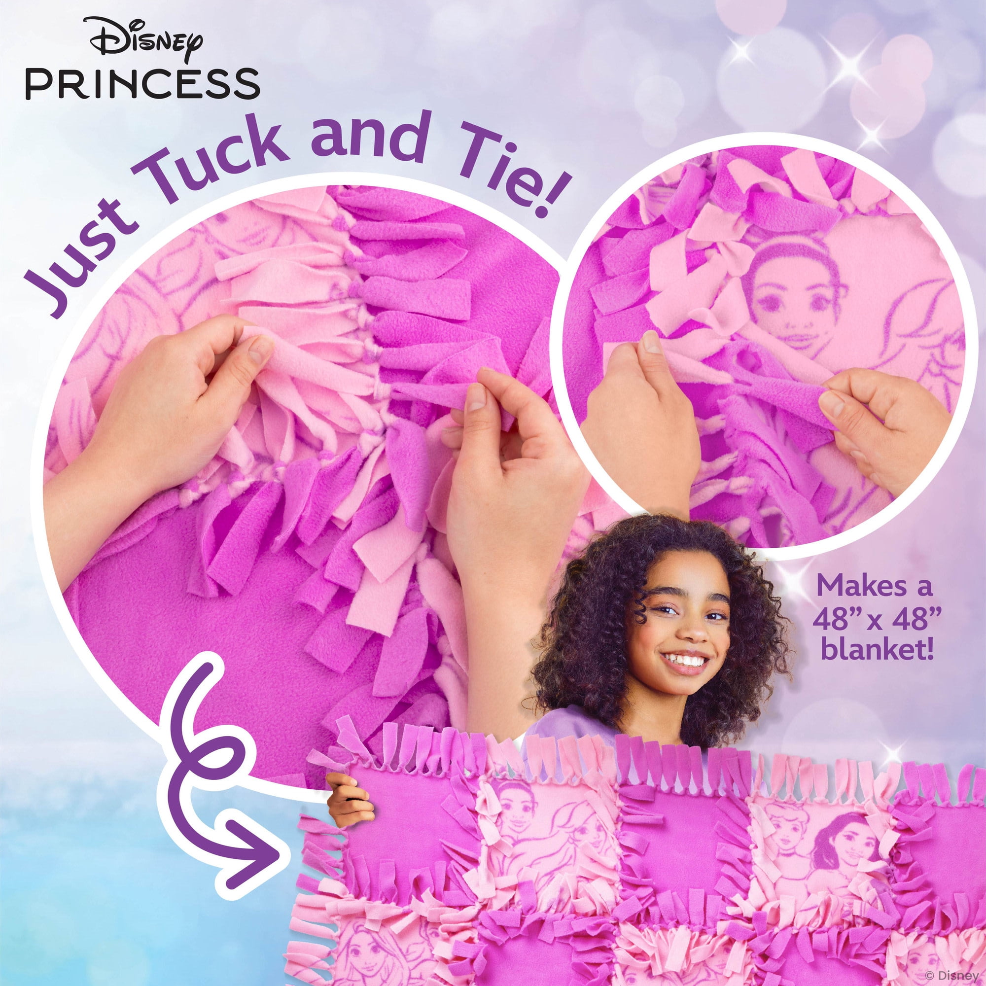 Fashion Angels: No-Sew Blanket - Disney Princess - DIY 48" Blanket Craft Kit, Just Tuck & Tie, Pink-Lavender-Character Polar Fleece Squares, Kids 6+