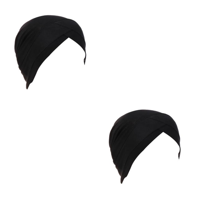 Minnieouse Gorros de turbante para mujer, pañuelo elástico informal sólido, cómodo, tejido de algodón, sombreros musulmanes para mujer, Negro 2piezas