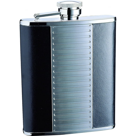1508YGA leather flask with silver middle, 8 Oz, Stainless Steel