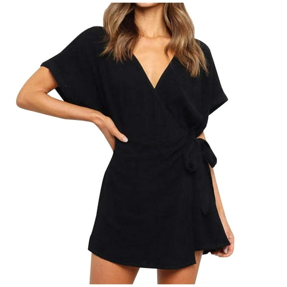Edvintorg Womens Romper Women's Summer Deep V-Neck Solid Romper Short Sleeve Jumpsuits Waist Tie Casual Short Romper