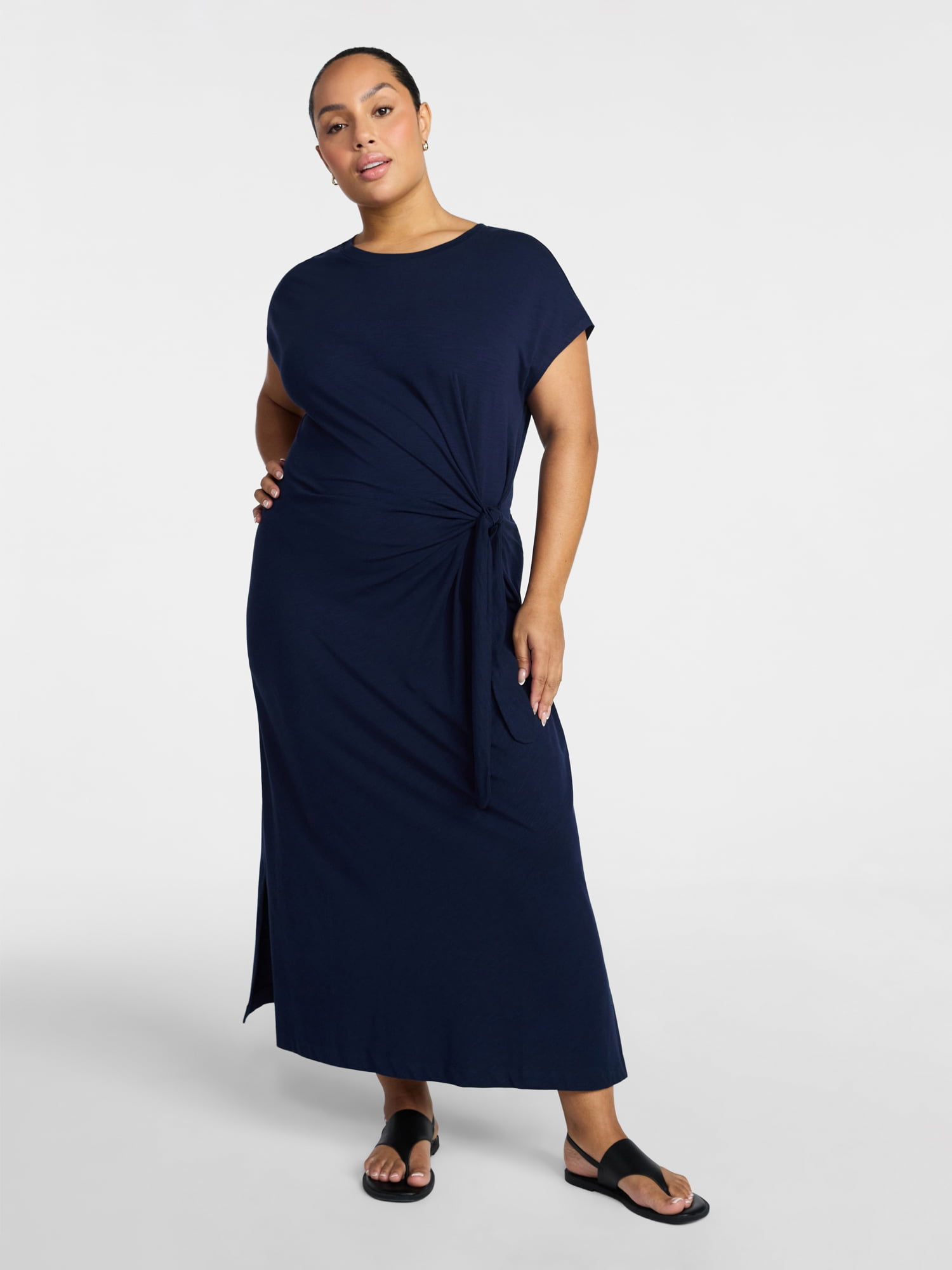 Time and Tru Women's and Women's Plus Side Tie Midi Dress with Dolman Sleeves, Sizes XS-4X