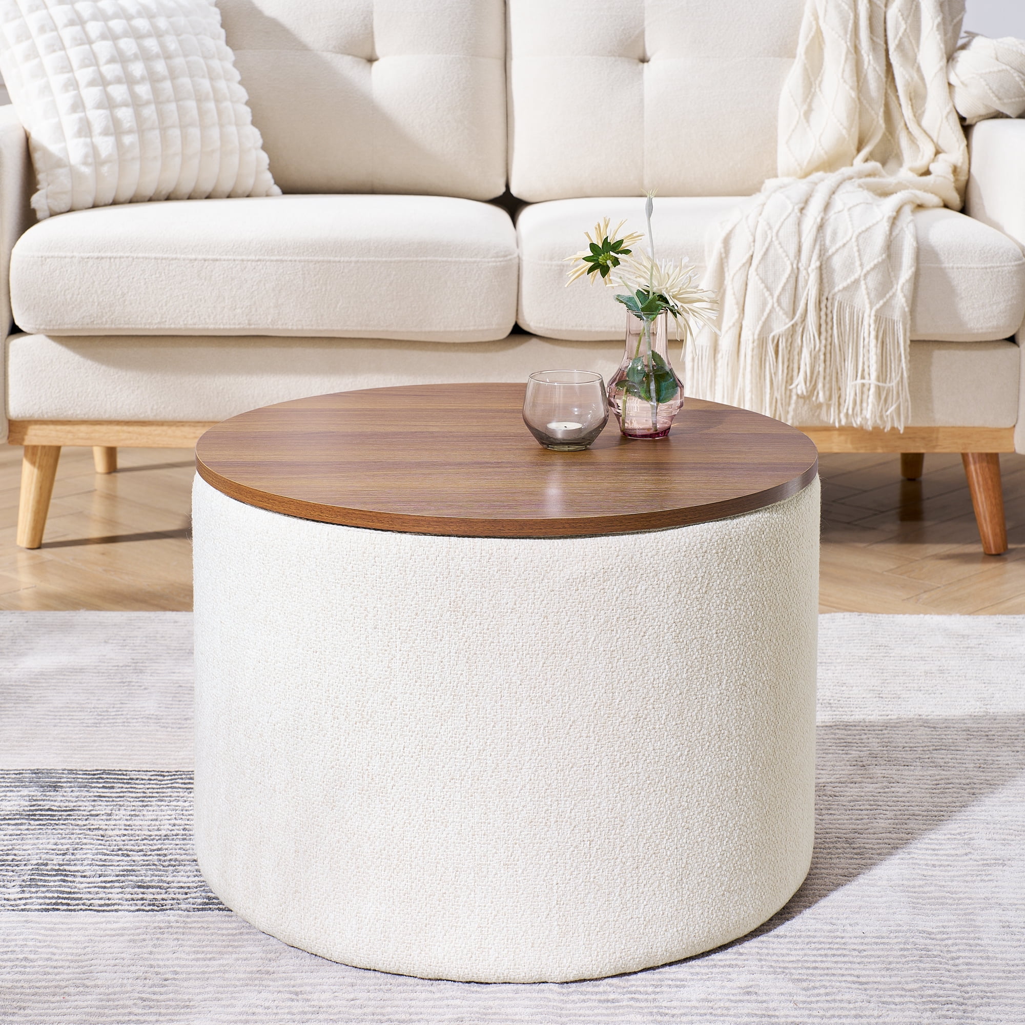 Lunale Round Storage Ottoman Set of 2, Chenille Upholstered Coffe Side Tables for Living Room, Beige