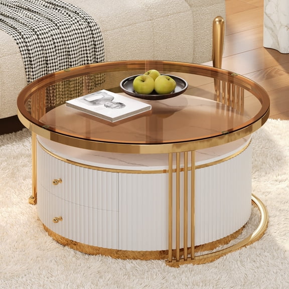 Round Nesting Coffee Table Set of 2, Modern Brown & White MDF Tables with 2 Drawers & Gold Metal Legs, Space-Saving Nested Side Tables for Living Room