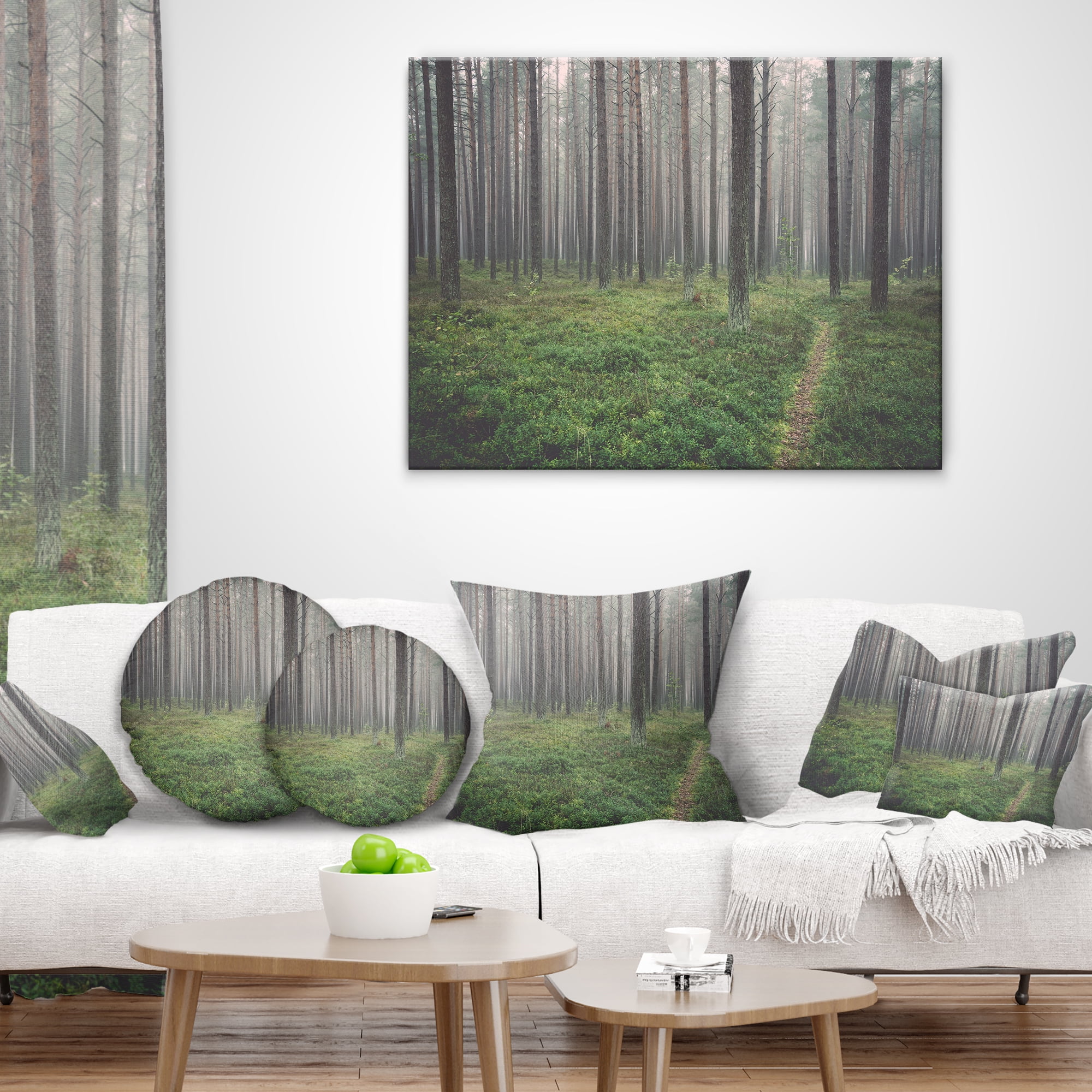 Designart Foggy Dense Forest with Grass - Modern Forest Throw Pillow - 18x18