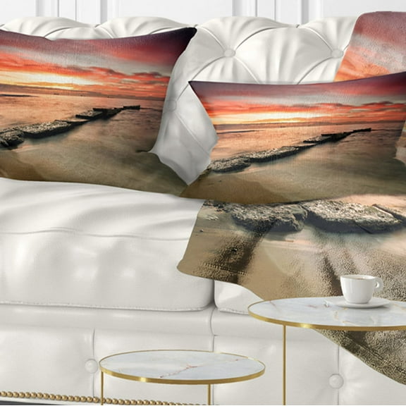 Designart Wonderful Sunrise on Black Ocean - Beach Photo Throw Pillow - 12x20
