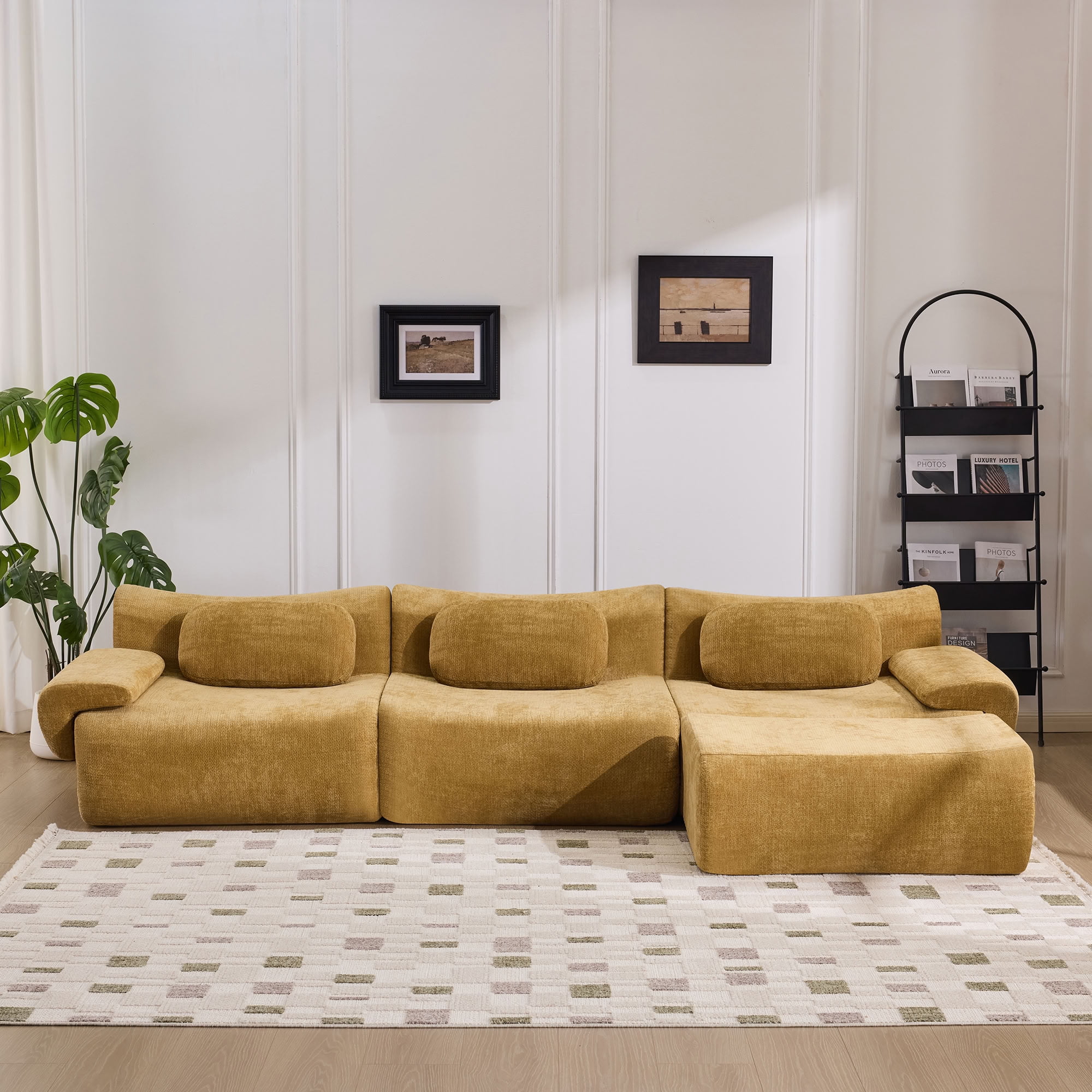 MAYEERTY 3+1 Seat Modular L-Shaped Sectional Sofa with Ottoman, Chenille Upholstered Deep Seat Couch with 3 Throw Pillows, No Assembly for Living Room Bedroom Apartment Small Spaces