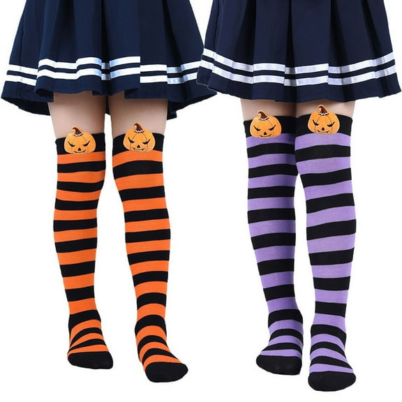 Baywell 2 Pairs Halloween Pumpkin Striped Witch Socks for Girls Over Knee High Socks Thigh High Socks Costume Leg Warmers Long Socks for Cosplay