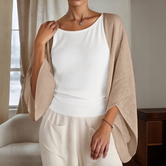 Women Lightweight Cardigan Open Front 3/4 Sleeve Shawls Wraps Bell Sleeve Kimono Cardigan (Khaki XL)