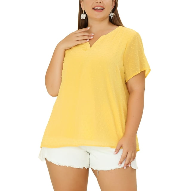 Agnes Orinda Women's Plus Size St. Patrick's Day Tops Swiss Dots Short Sleeve Notched Neck Spring Summer Blouses 4X Yellow