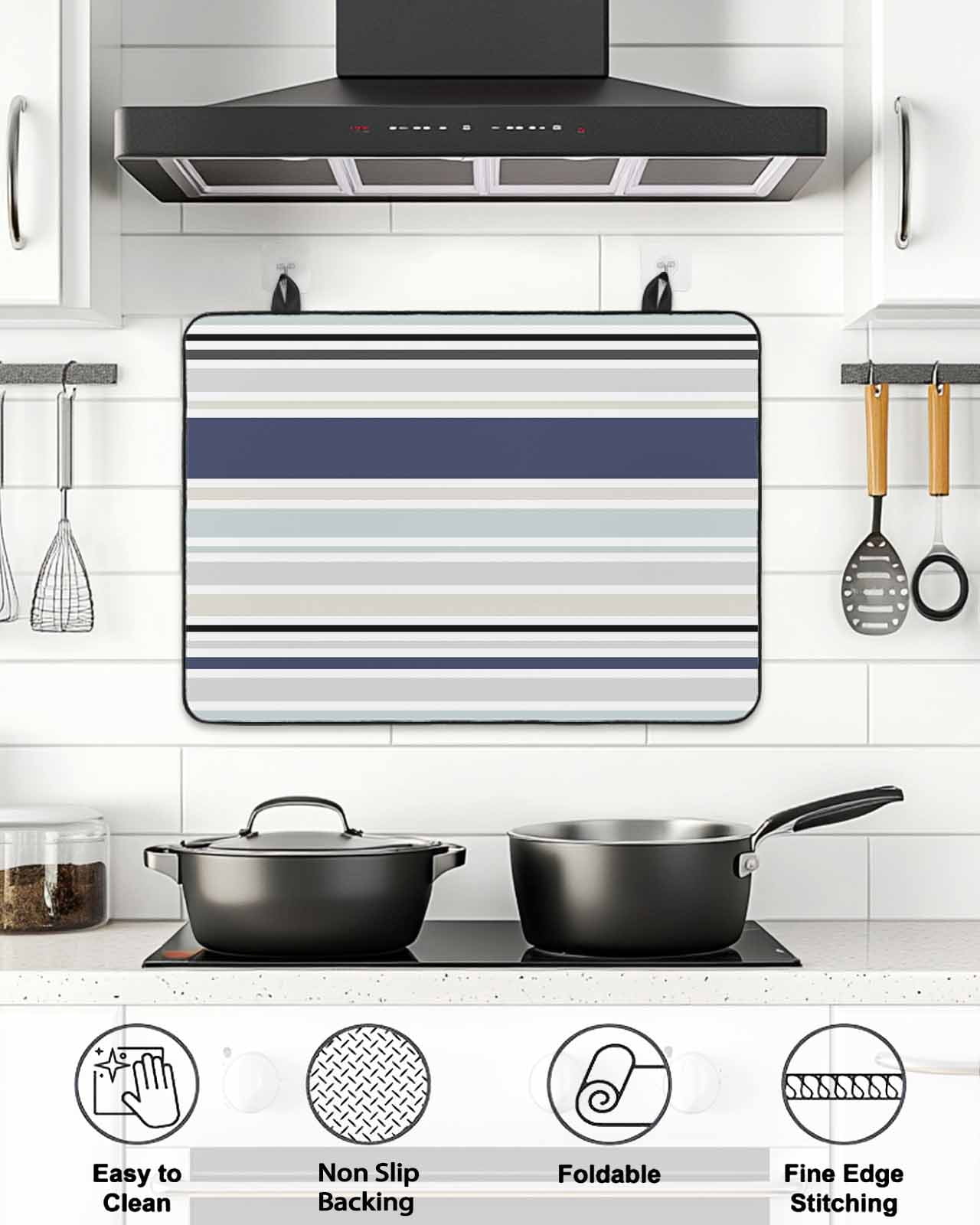Stove Top Covers for Electric Stove, Blue Black Grey Striped Glass Stovetop Cover Protector, Farmhouse Stripes Induction Cooktop Protector Oven Mat for Kitchen Countertop 24"x21"